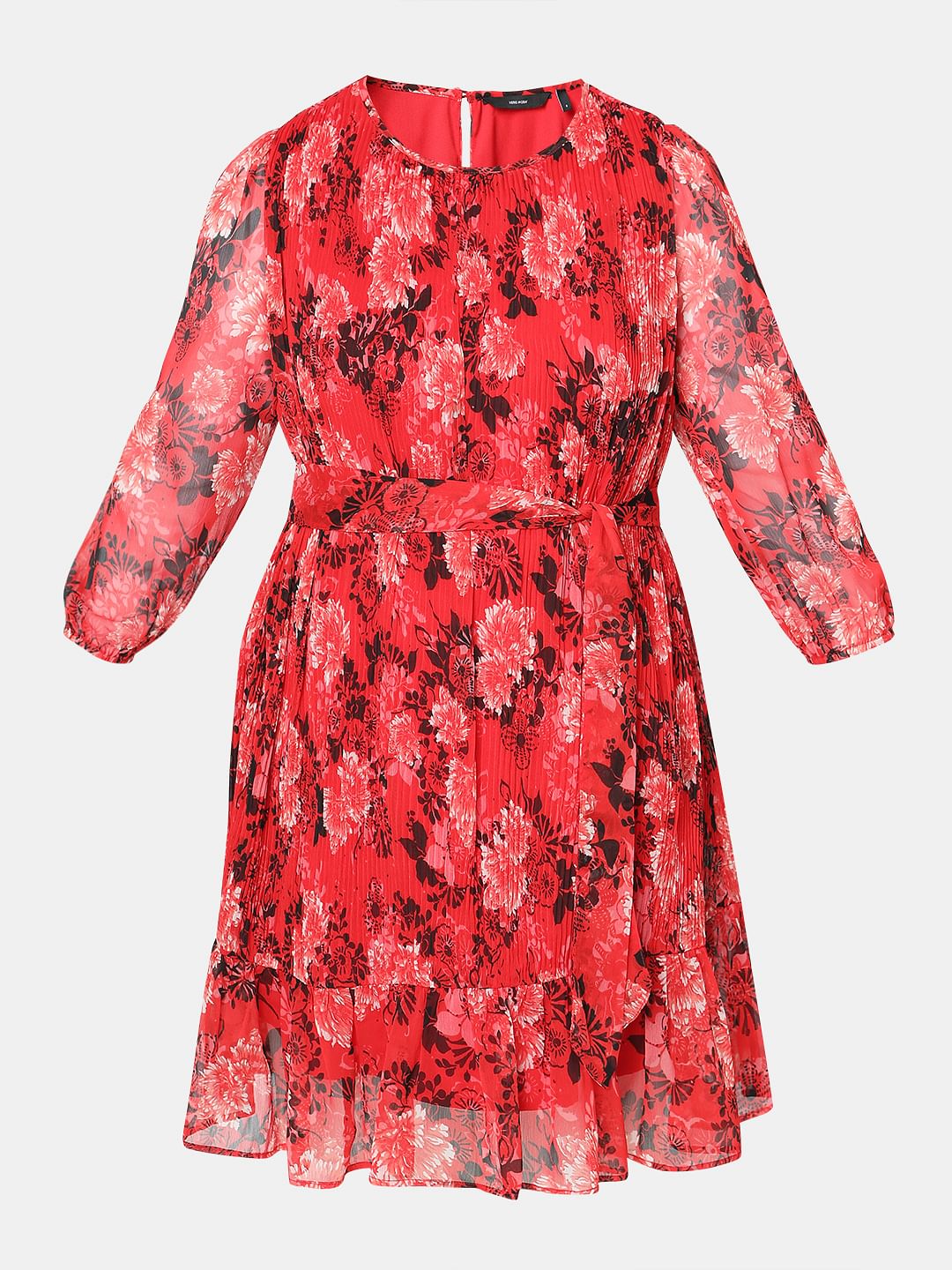 Red Floral Pleated Dress