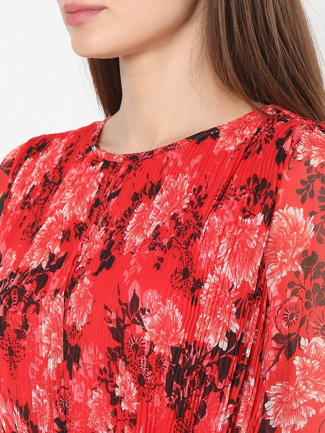 Red Floral Pleated Dress