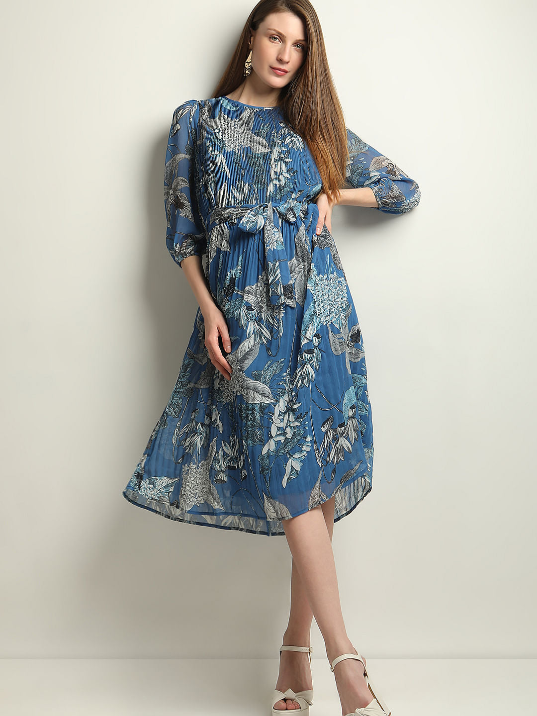 Blue Floral Pleated Midi Dress