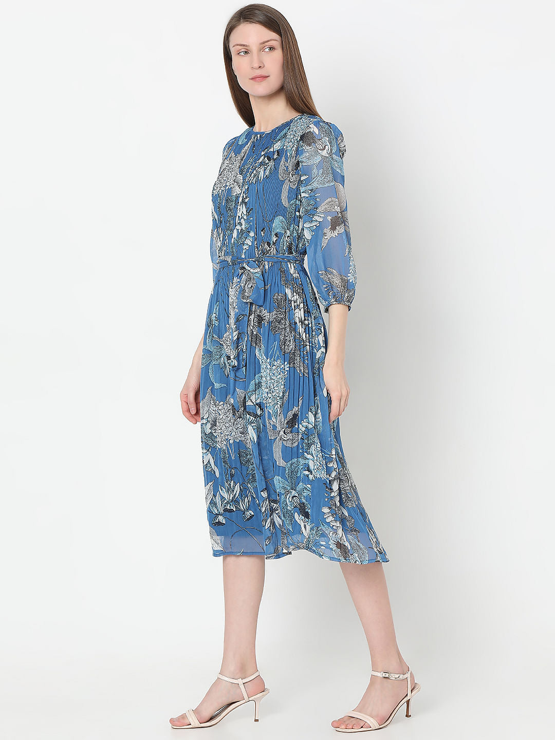 Blue Floral Pleated Midi Dress
