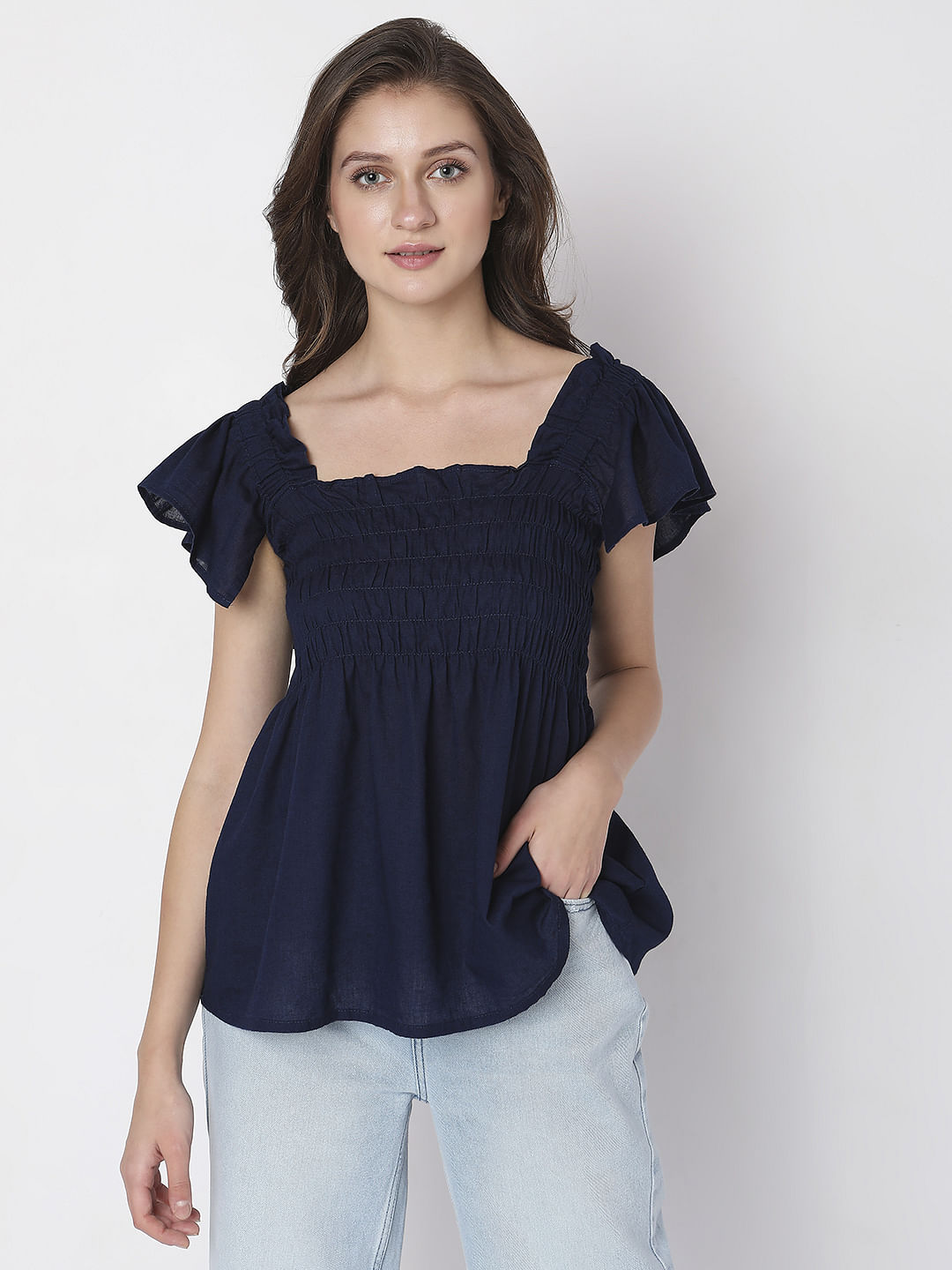 Navy Blue Smocked Top