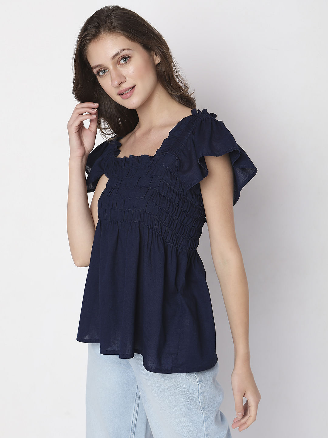 Navy Blue Smocked Top