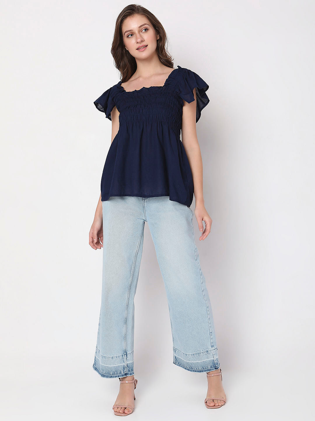 Navy Blue Smocked Top