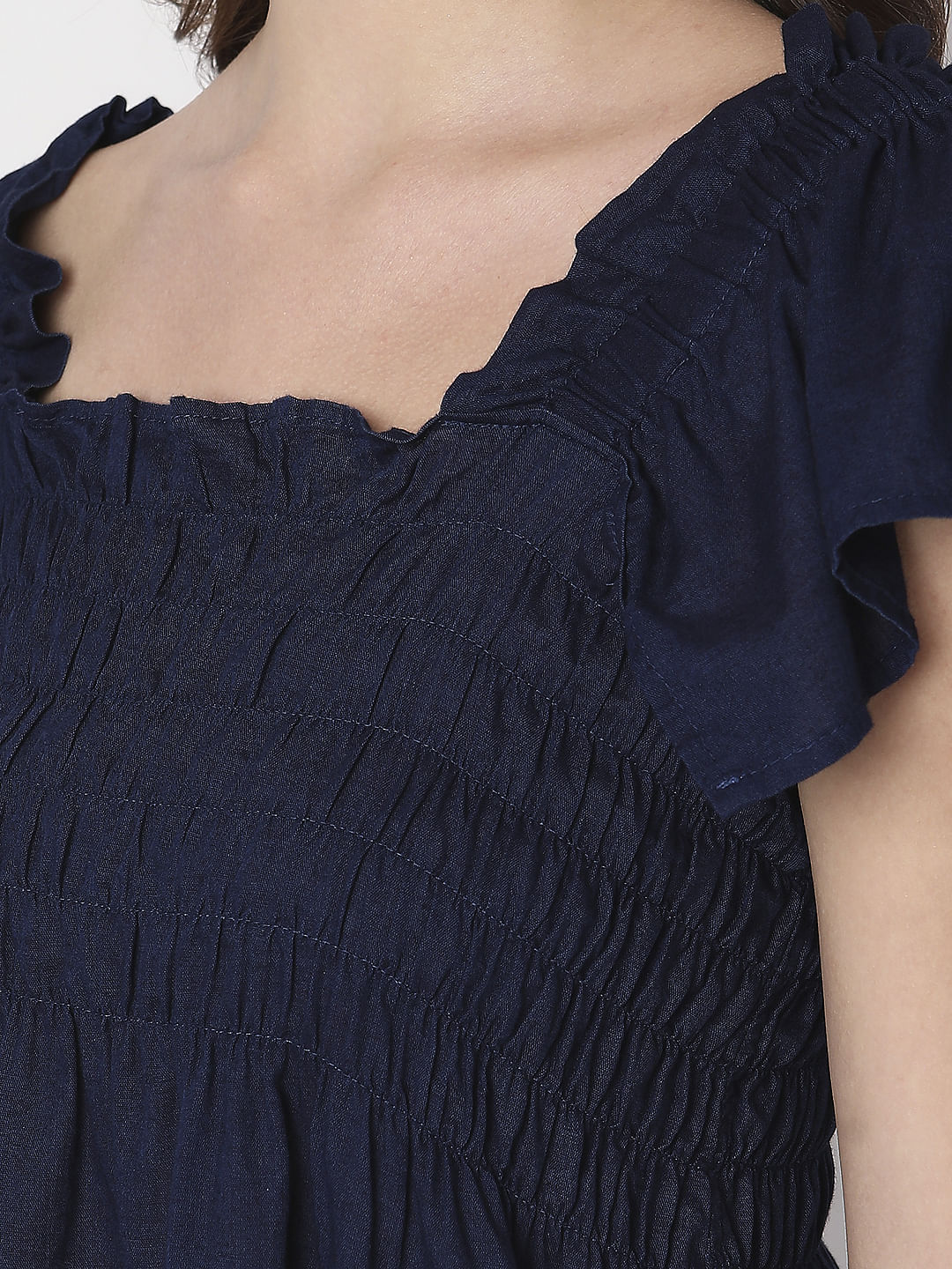 Navy Blue Smocked Top