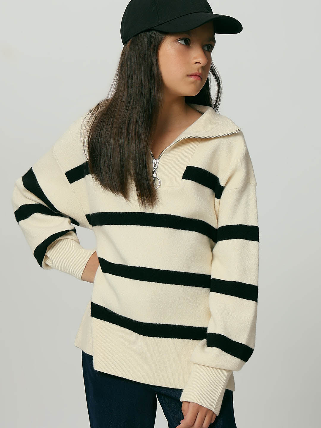 GIRLS Black & White Striped Sweater