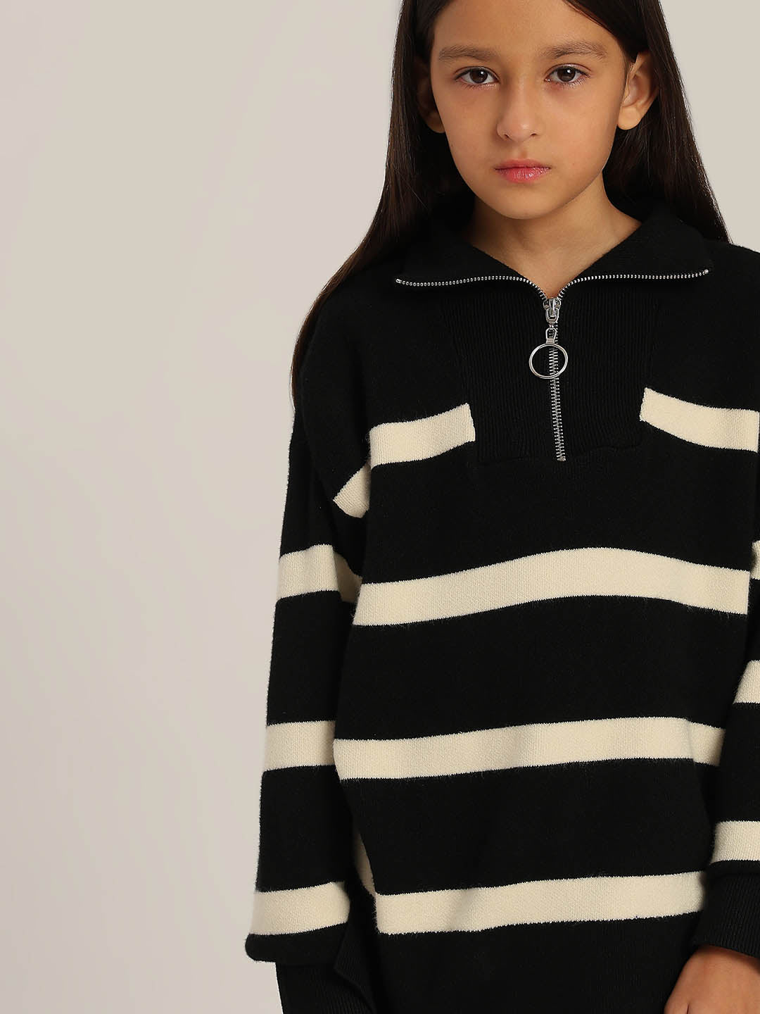 GIRLS Black & Beige Striped Sweater