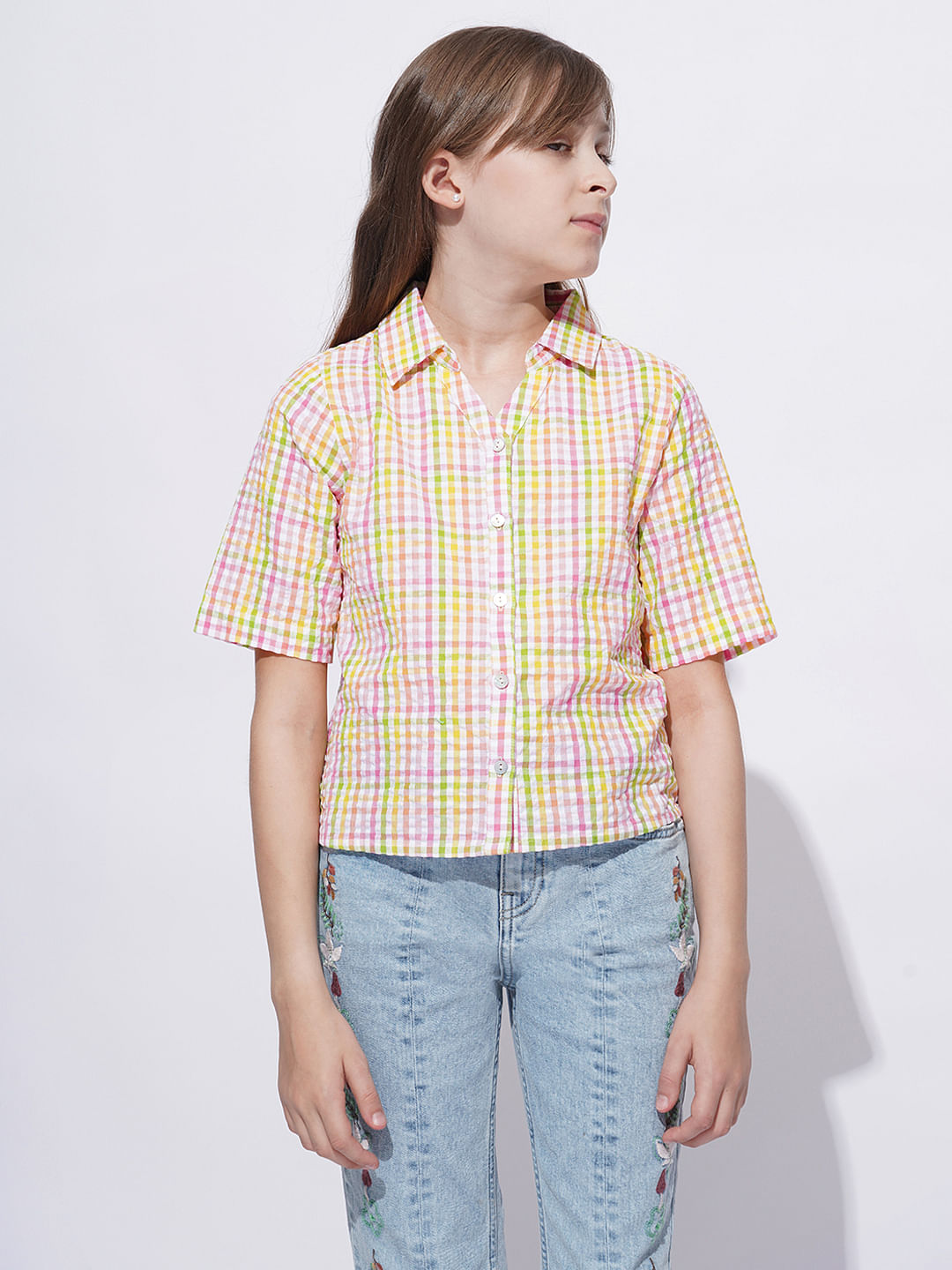 Girls White Cotton Check Shirt