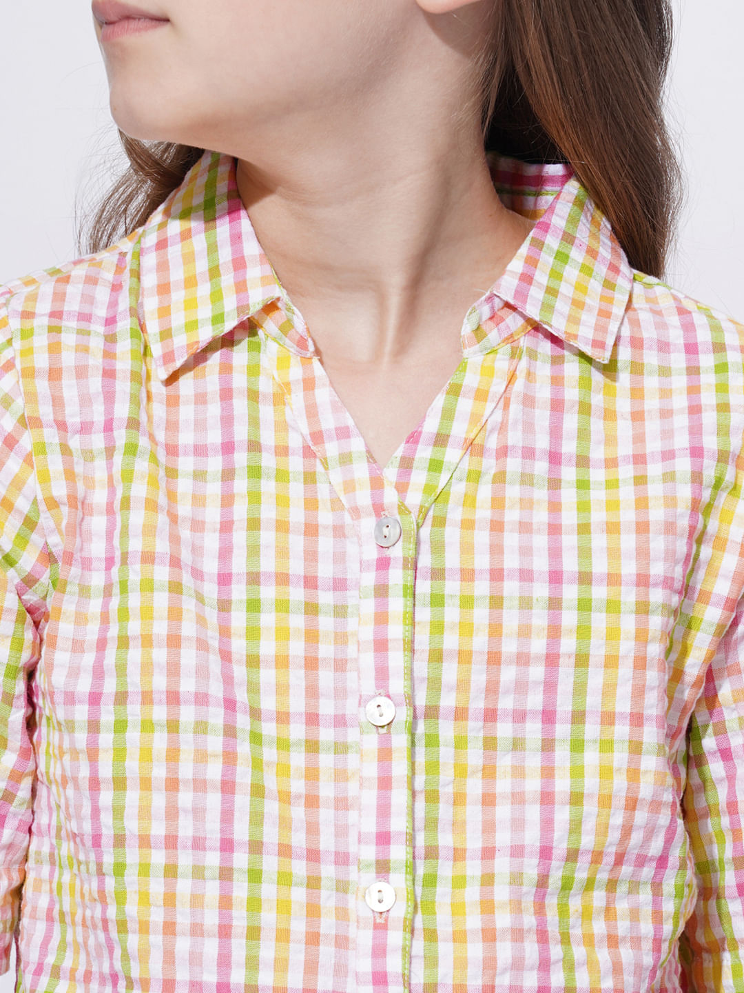 Girls White Cotton Check Shirt
