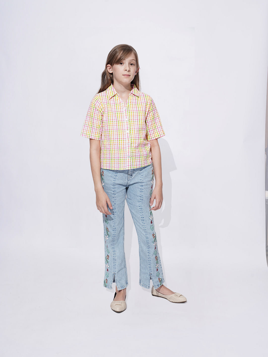 Girls White Cotton Check Shirt