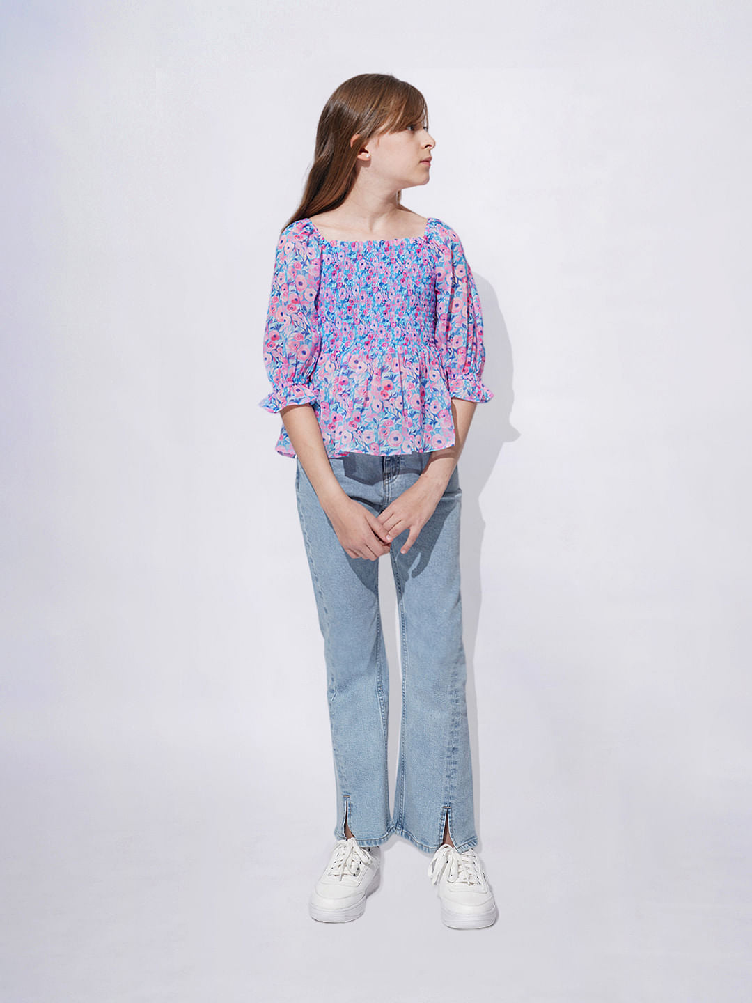 Girls Blue Floral Print Smock Top