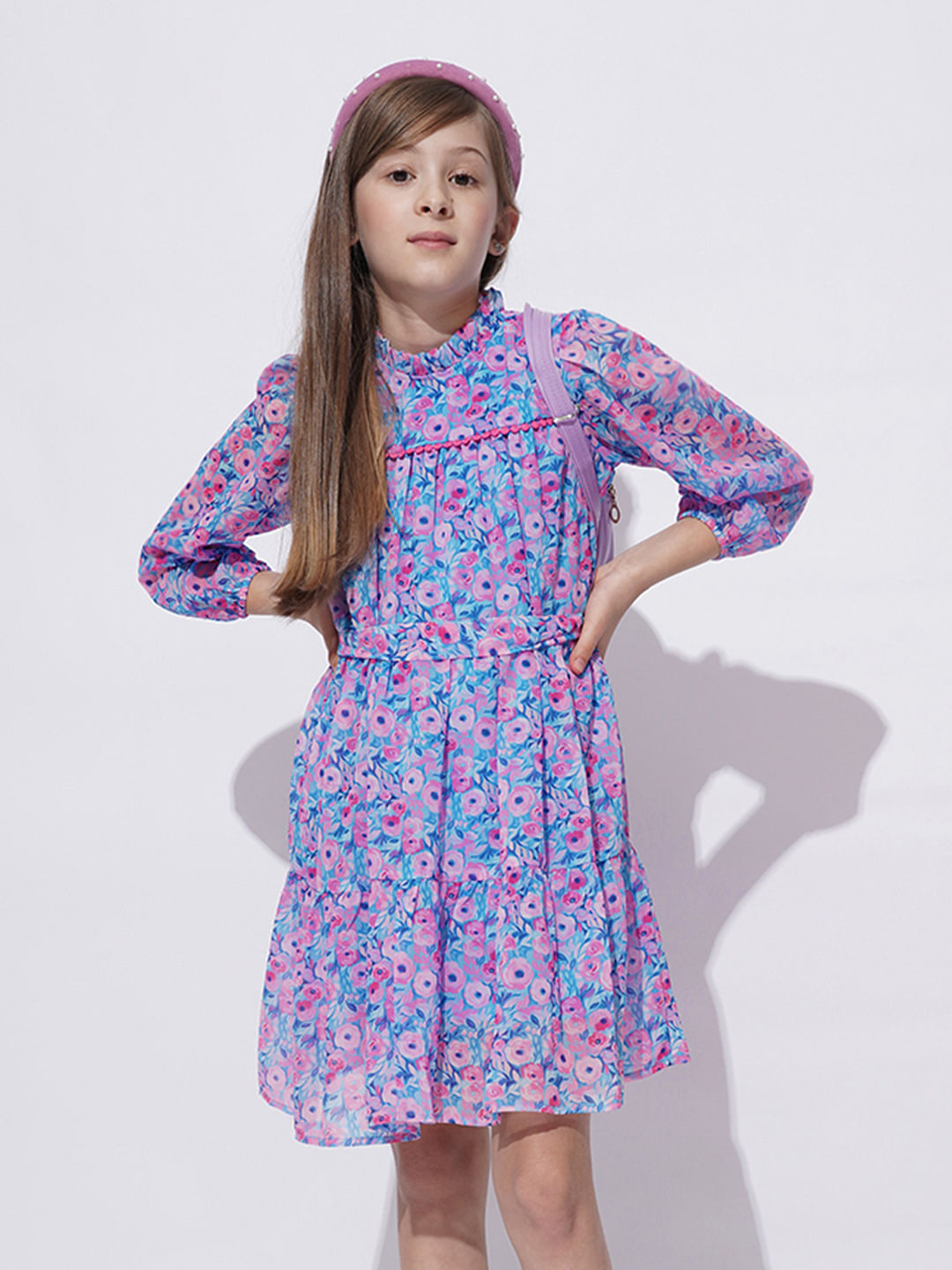 Girls Blue Floral Print Smock Dress