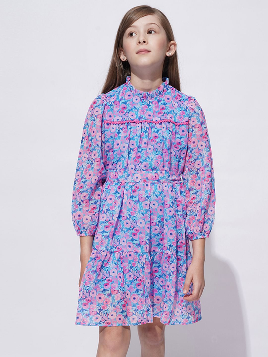 Girls Blue Floral Print Smock Dress