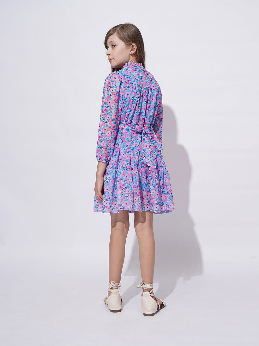 Girls Blue Floral Print Smock Dress