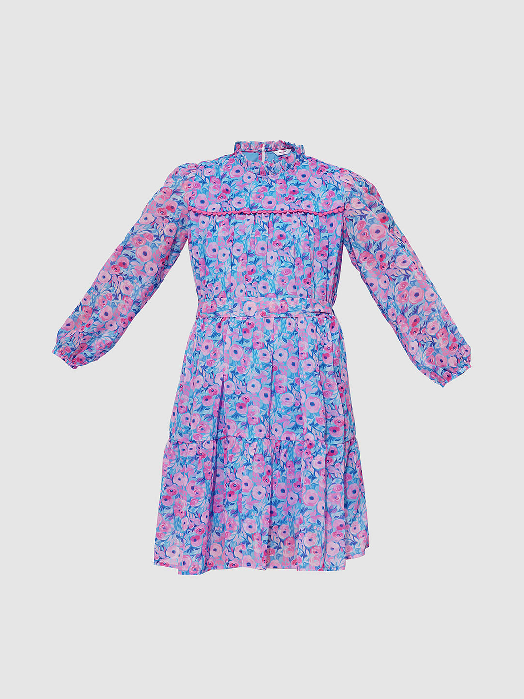 Girls Blue Floral Print Smock Dress