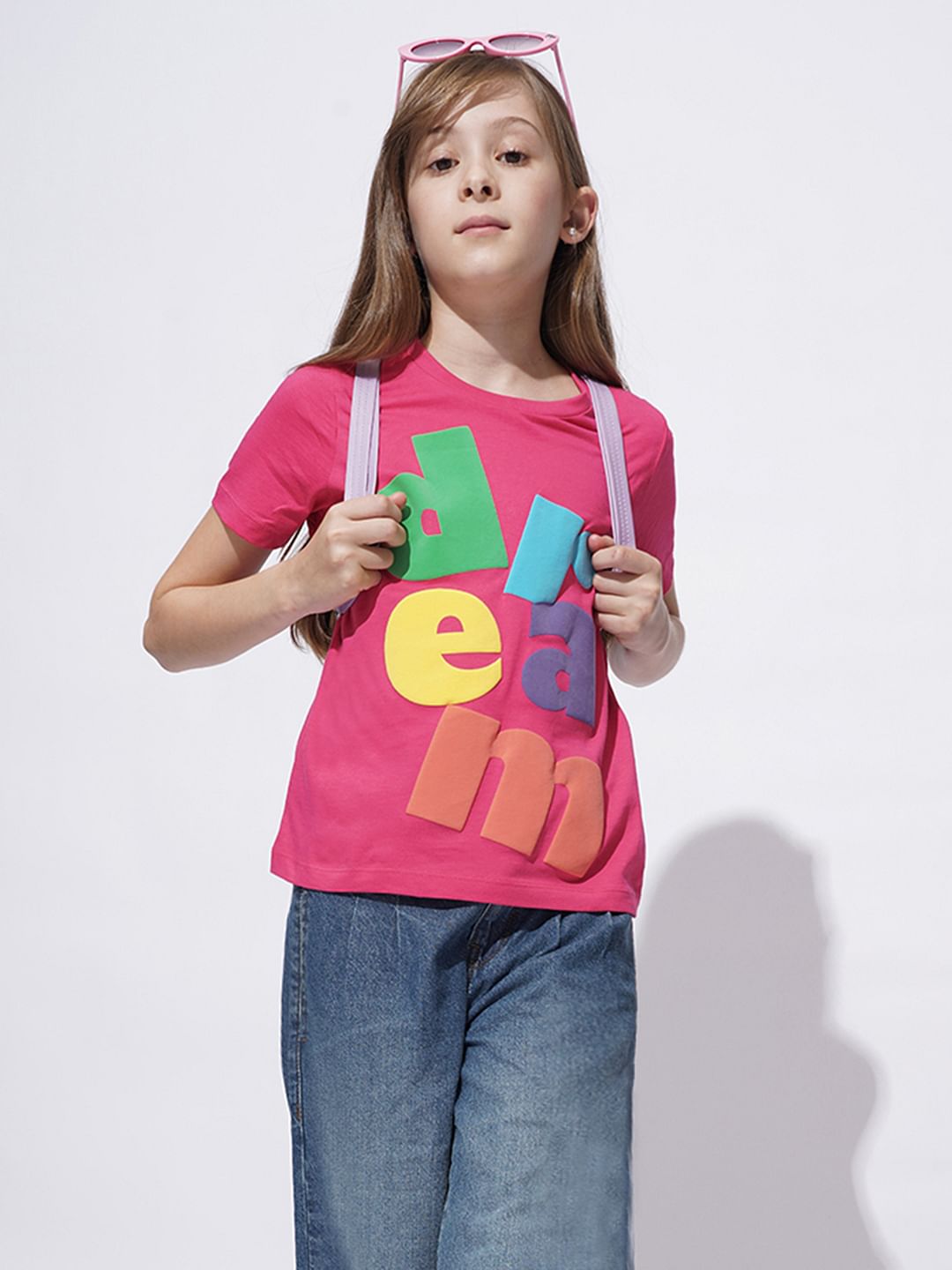 Girls Pink Cotton Typographic Print T-Shirt