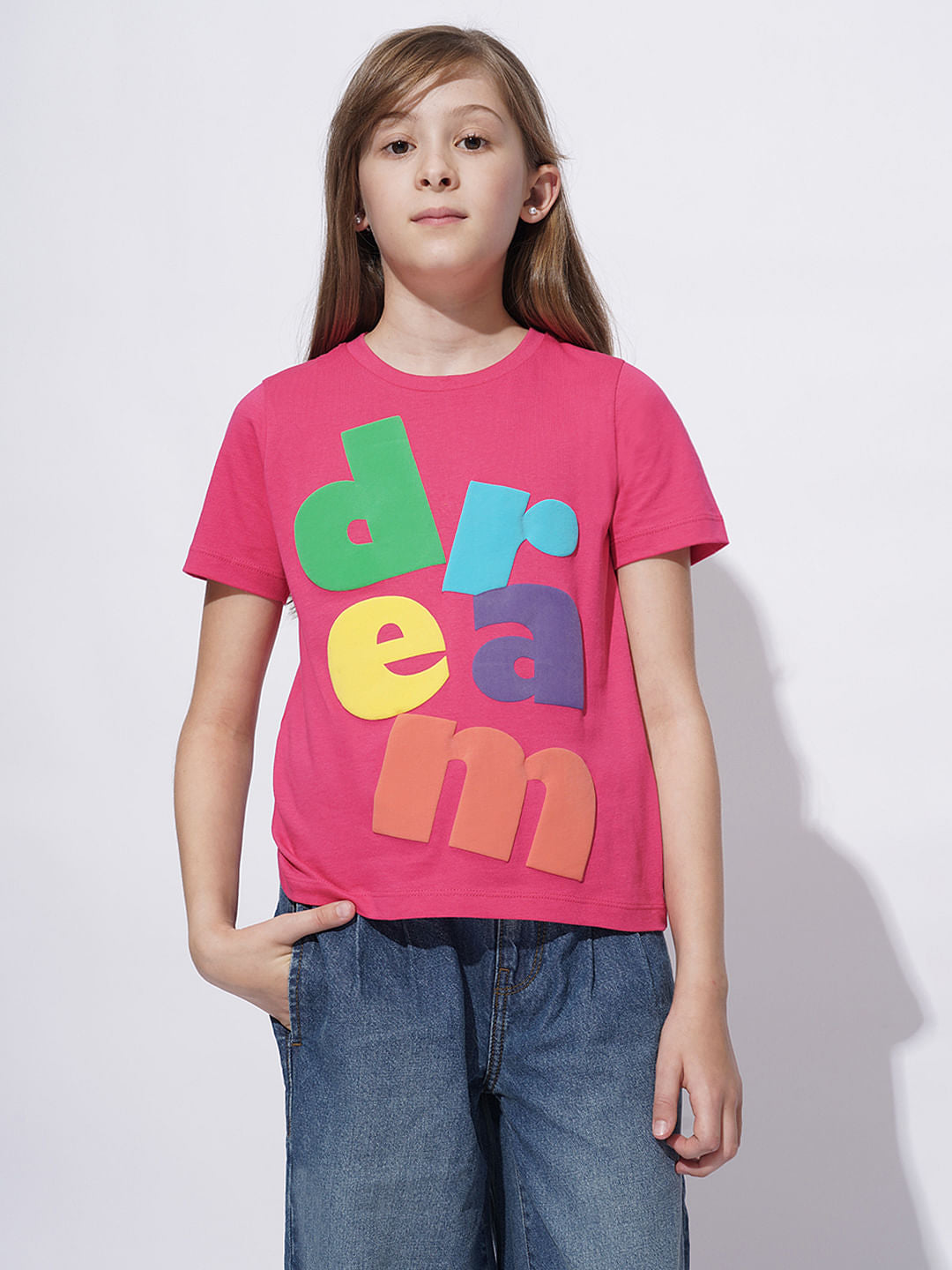 Girls Pink Cotton Typographic Print T-Shirt