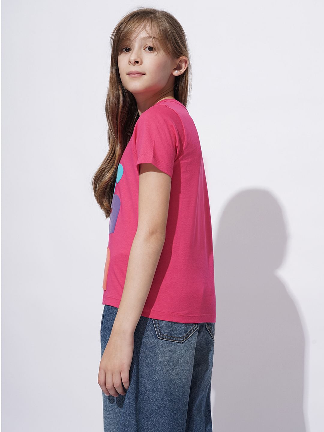 Girls Pink Cotton Typographic Print T-Shirt