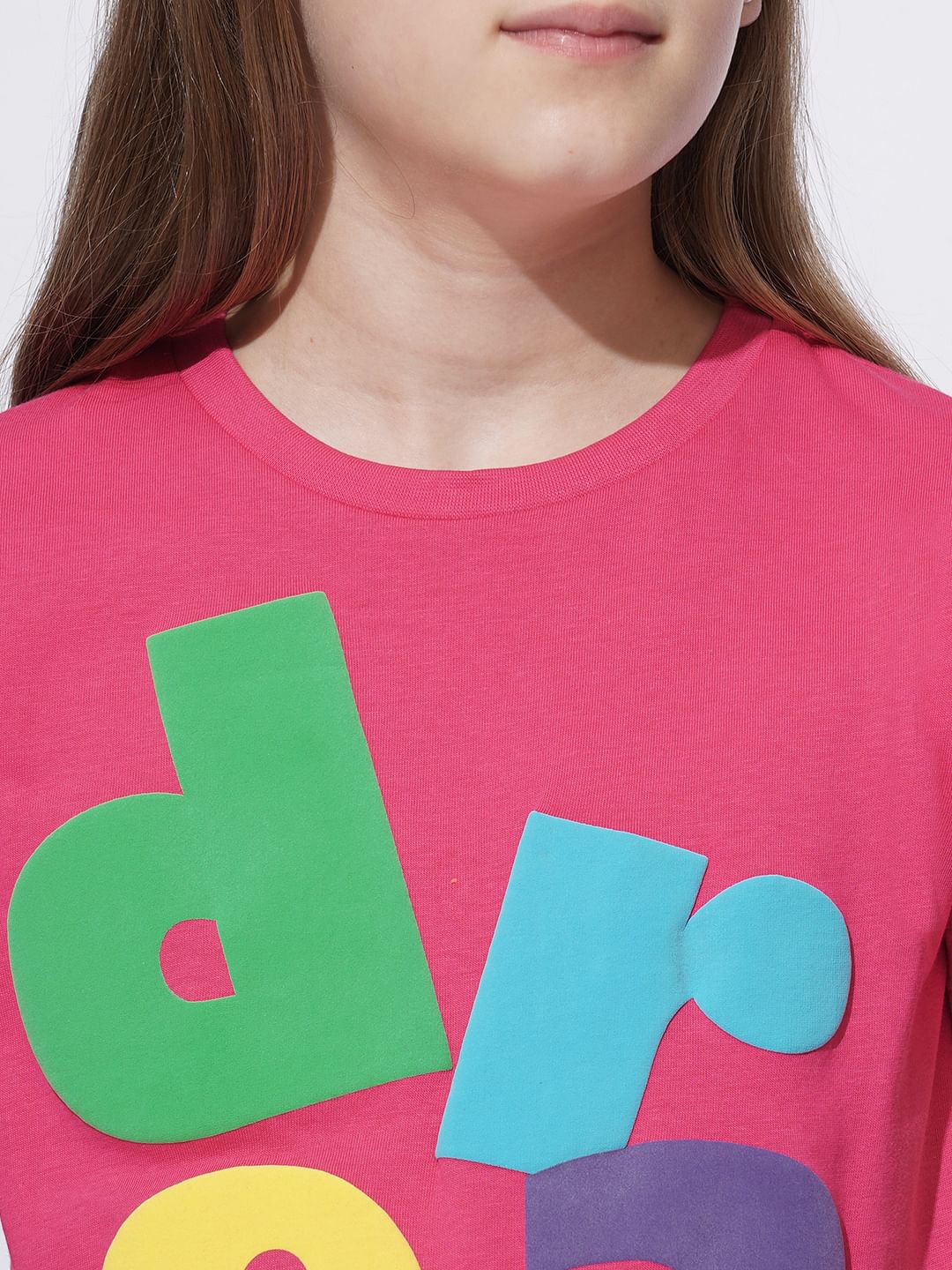 Girls Pink Cotton Typographic Print T-Shirt