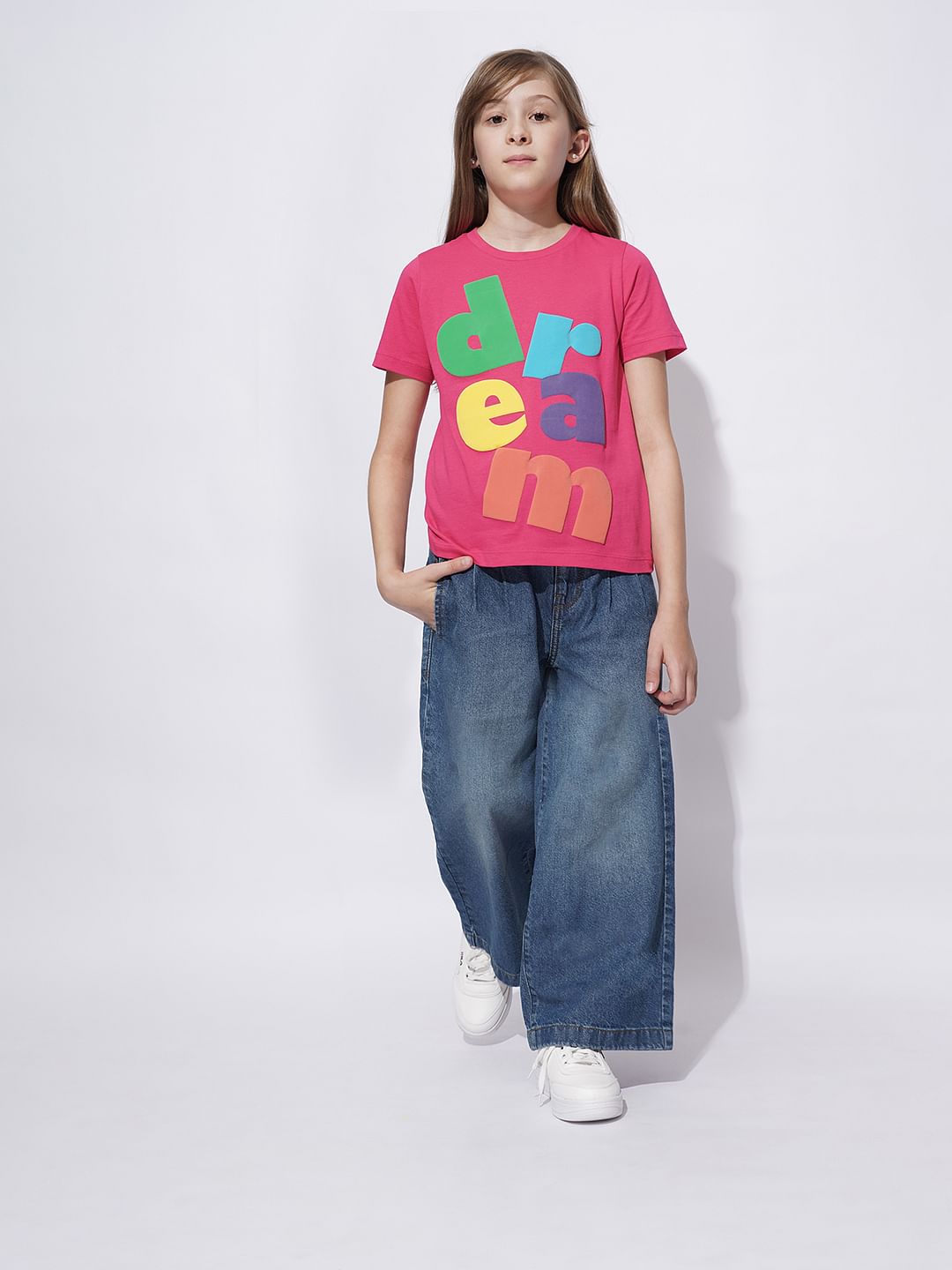 Girls Pink Cotton Typographic Print T-Shirt