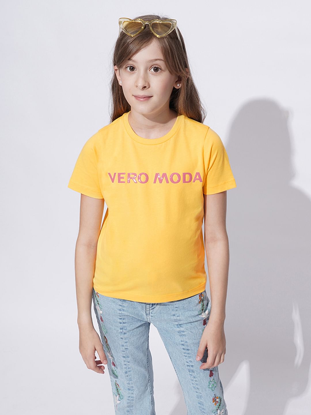 Girls Yellow Logo Print Cotton T-Shirt