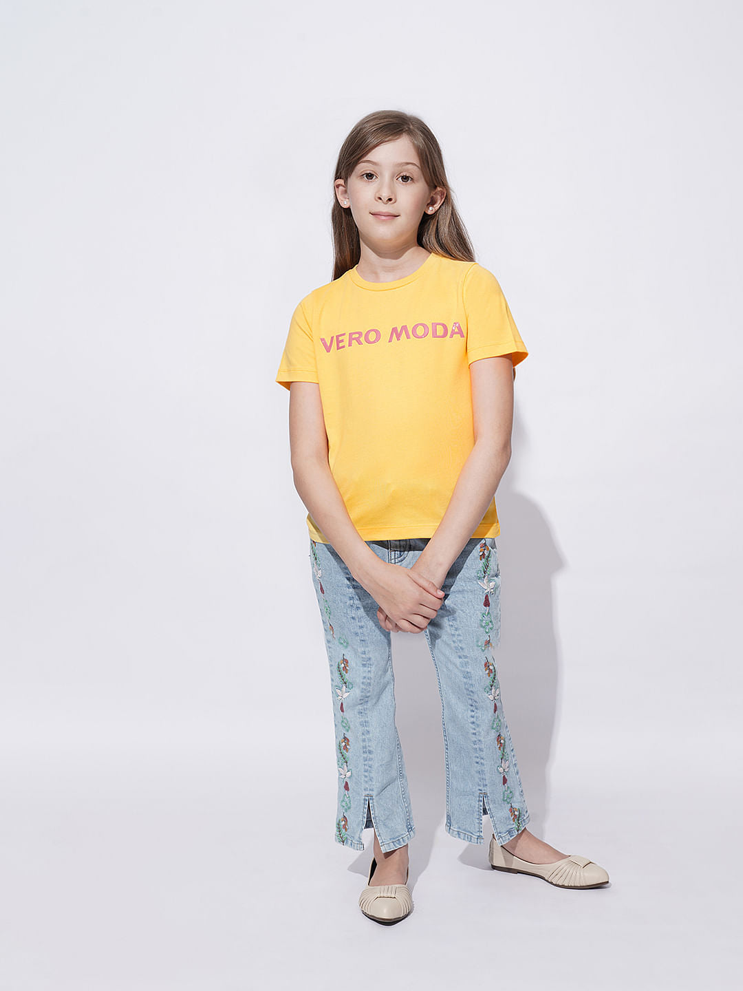 Girls Yellow Logo Print Cotton T-Shirt