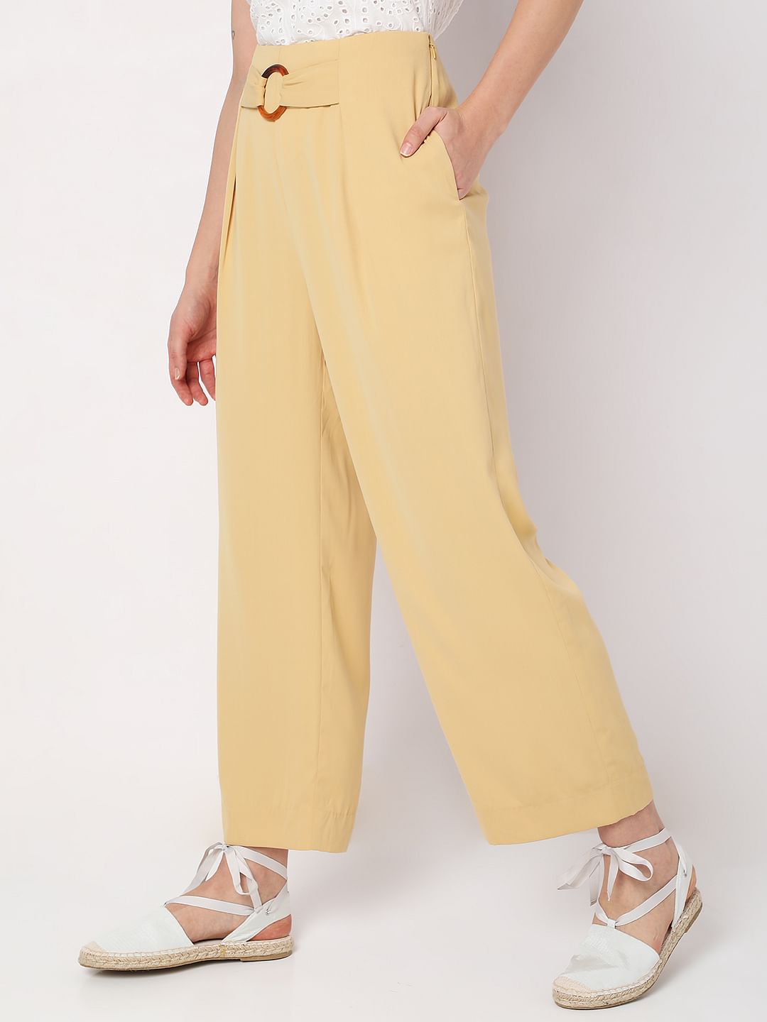 Yellow High Rise Buckle Detail Pants