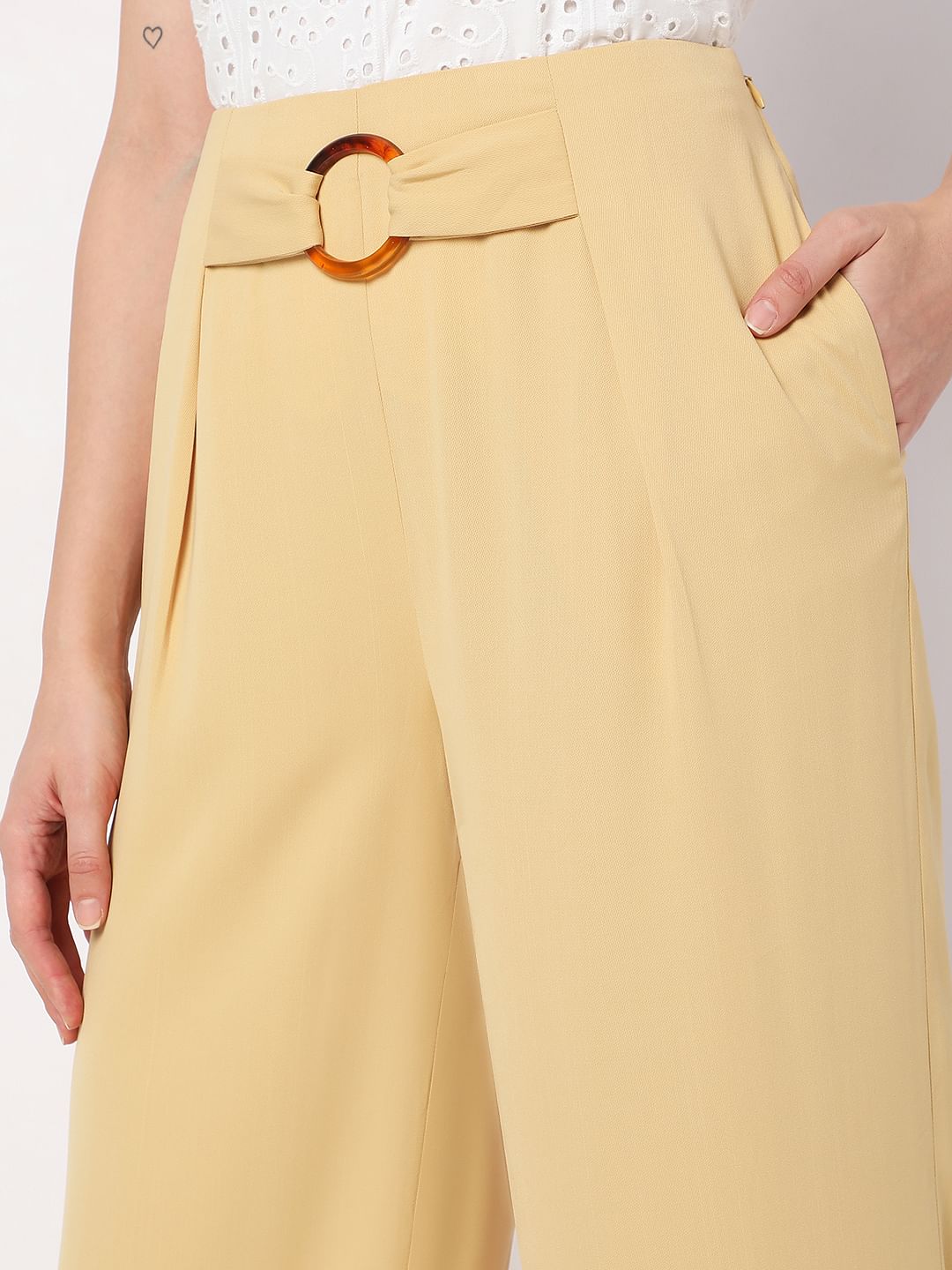 Yellow High Rise Buckle Detail Pants