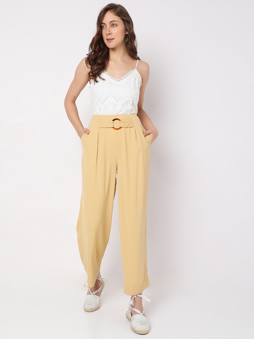 Yellow High Rise Buckle Detail Pants