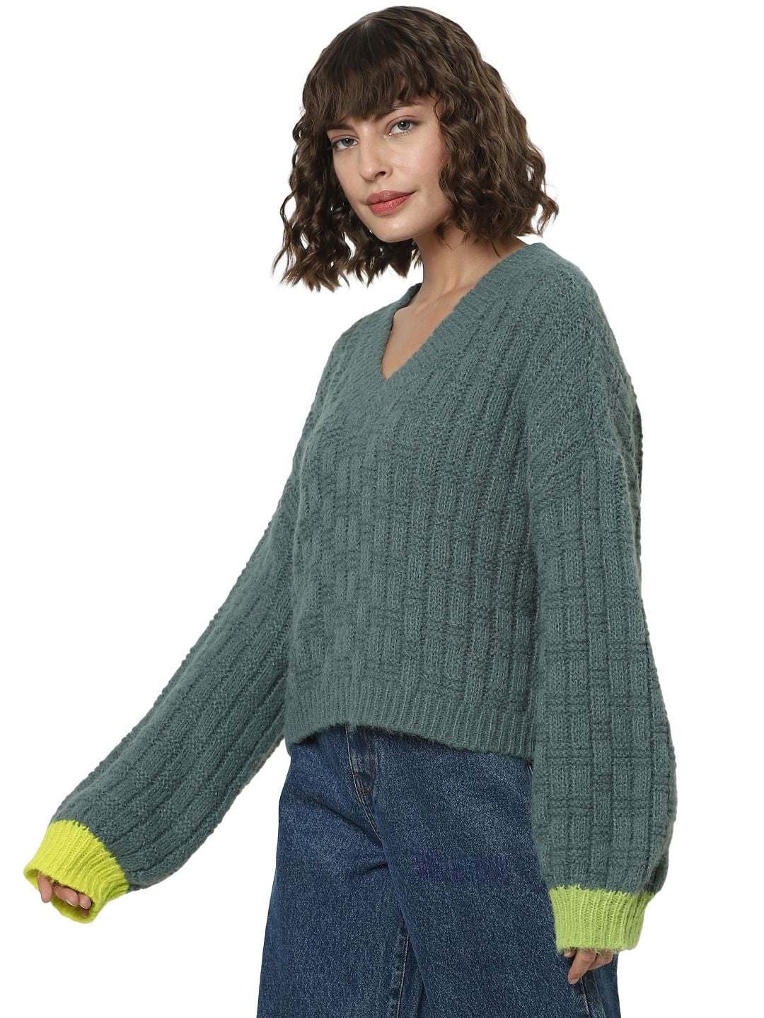 Green Ribbed Textured Pullover