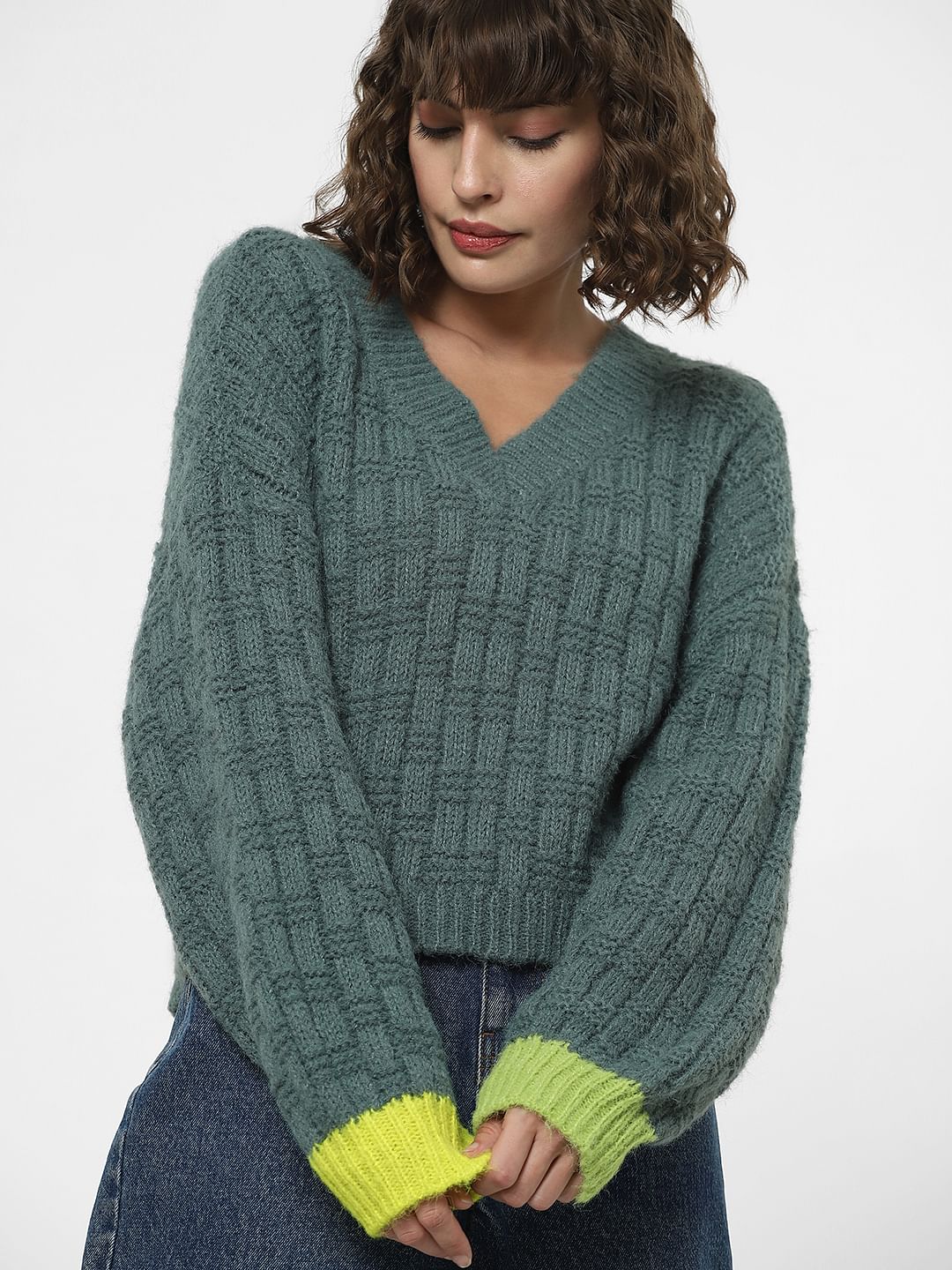Green Ribbed Textured Pullover