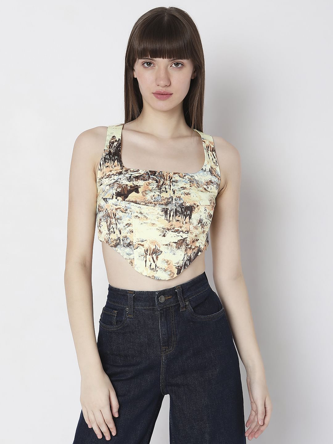 Yellow Printed Corset Co-Ord Set Top