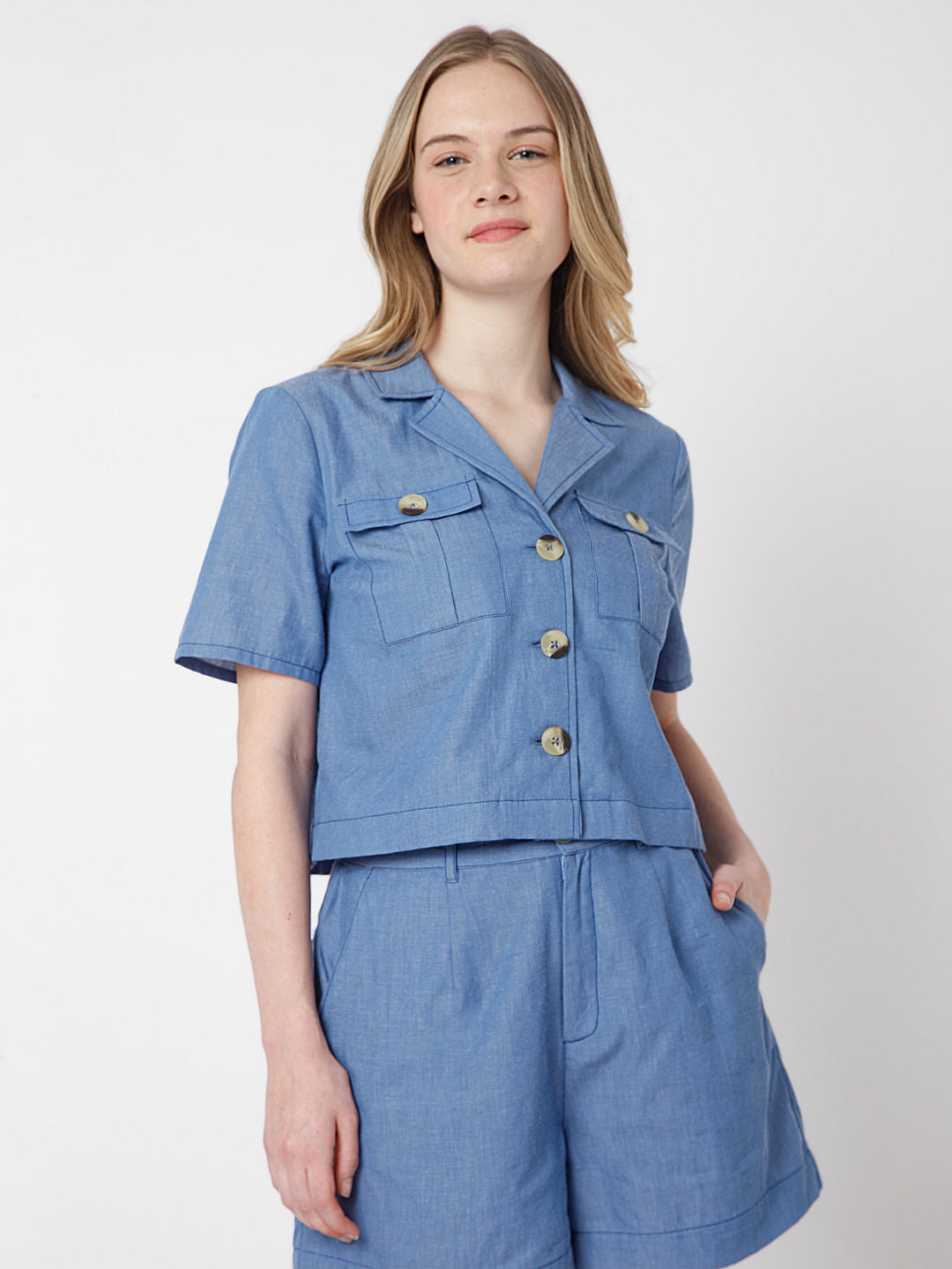 Blue Denim Cropped Co-Ord Shirt