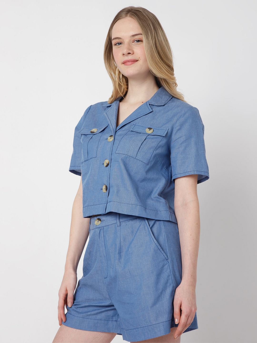 Blue Denim Cropped Co-Ord Shirt