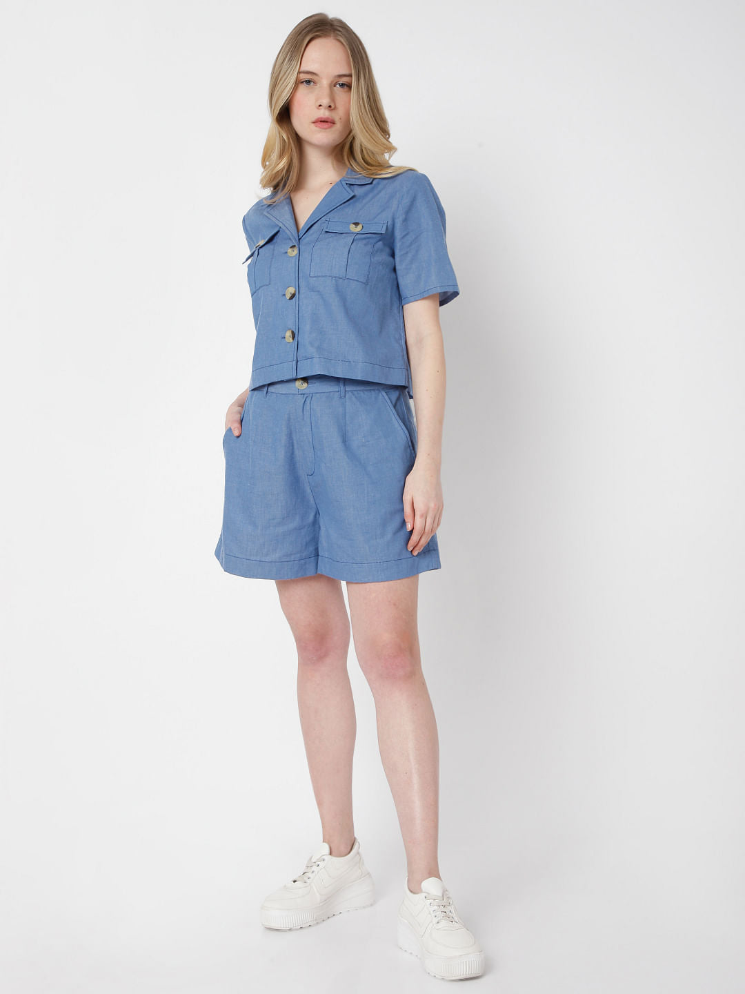 Blue Denim Cropped Co-Ord Shirt