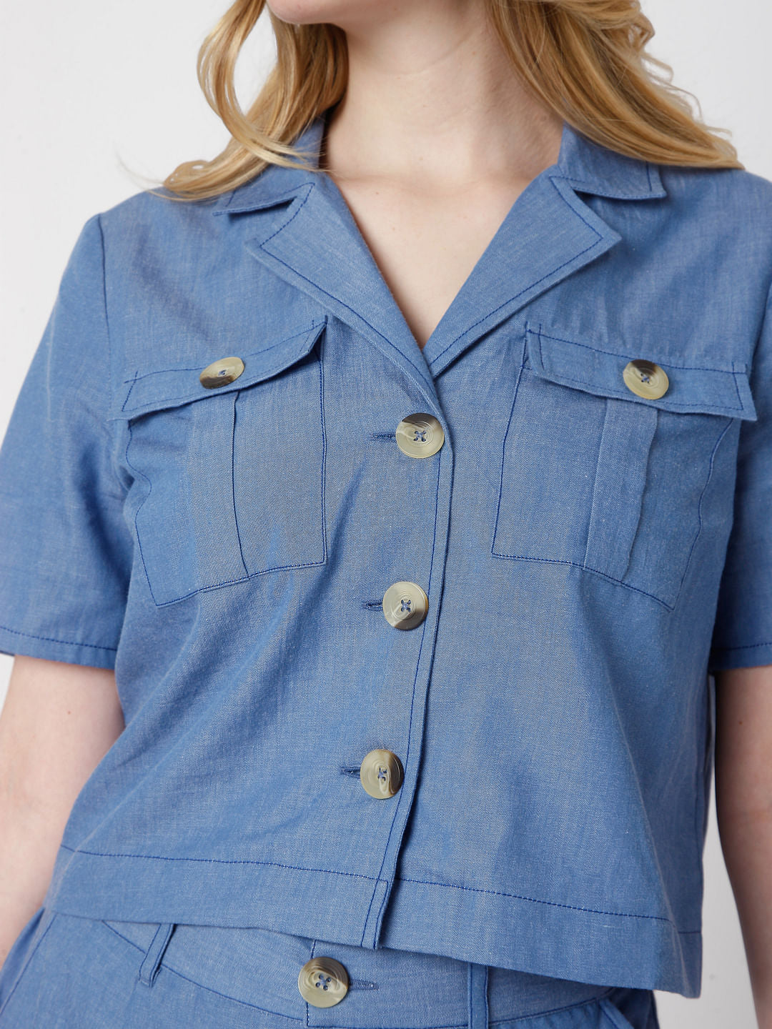 Blue Denim Cropped Co-Ord Shirt