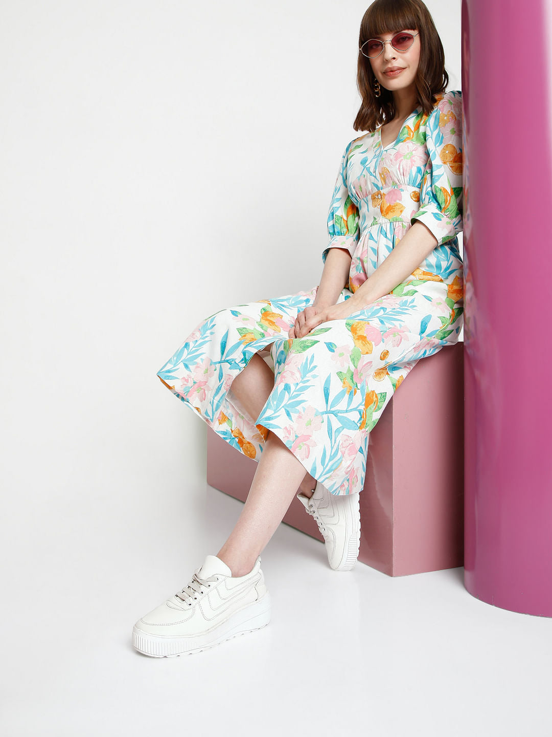 White Floral Midi Dress