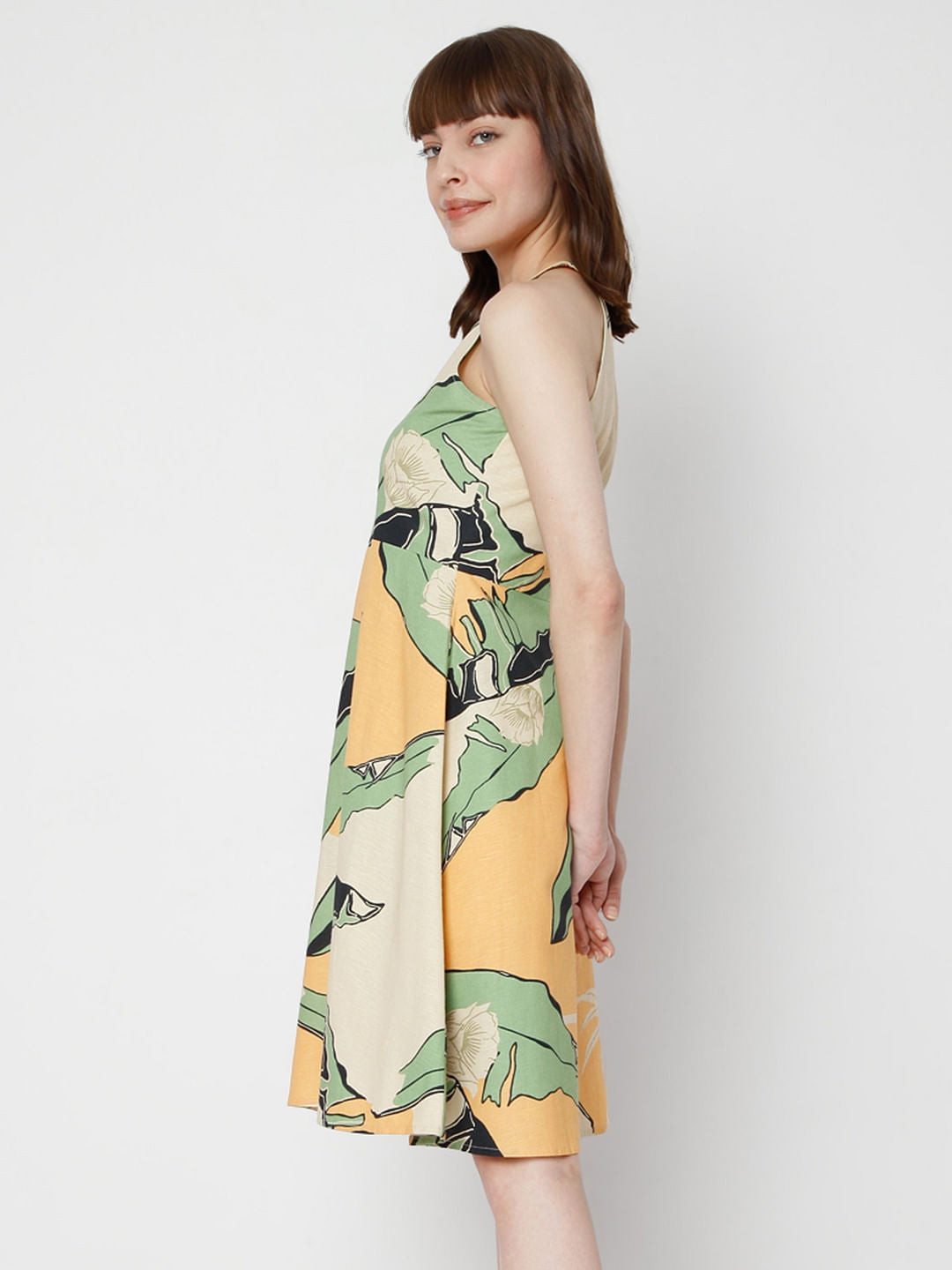 Beige Halter Neck Printed Dress