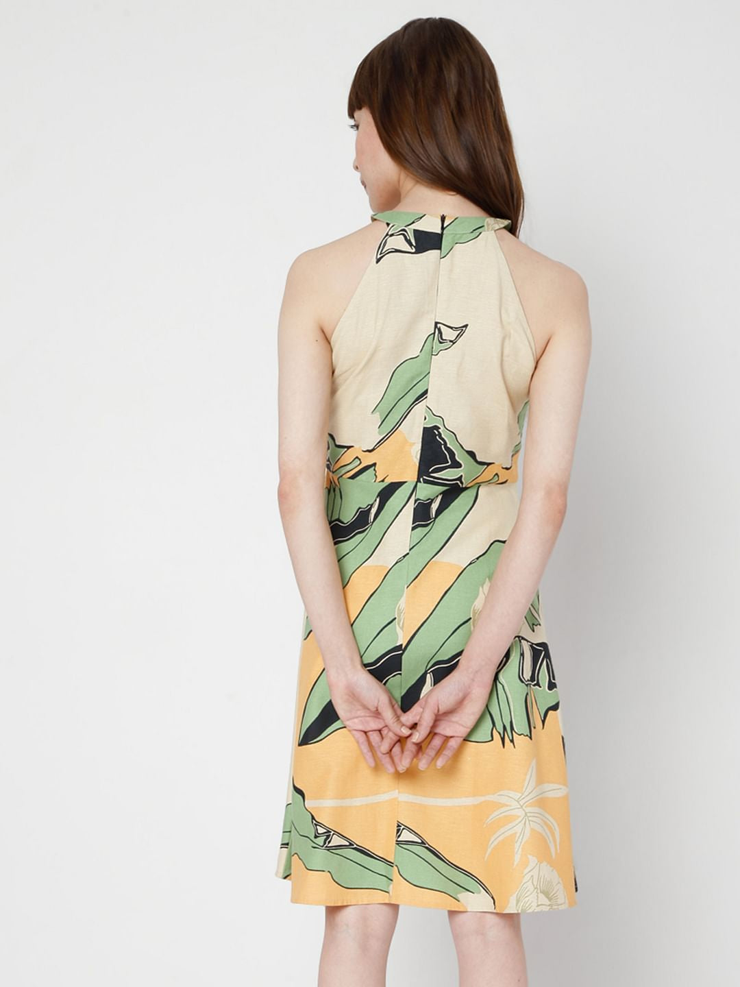 Beige Halter Neck Printed Dress