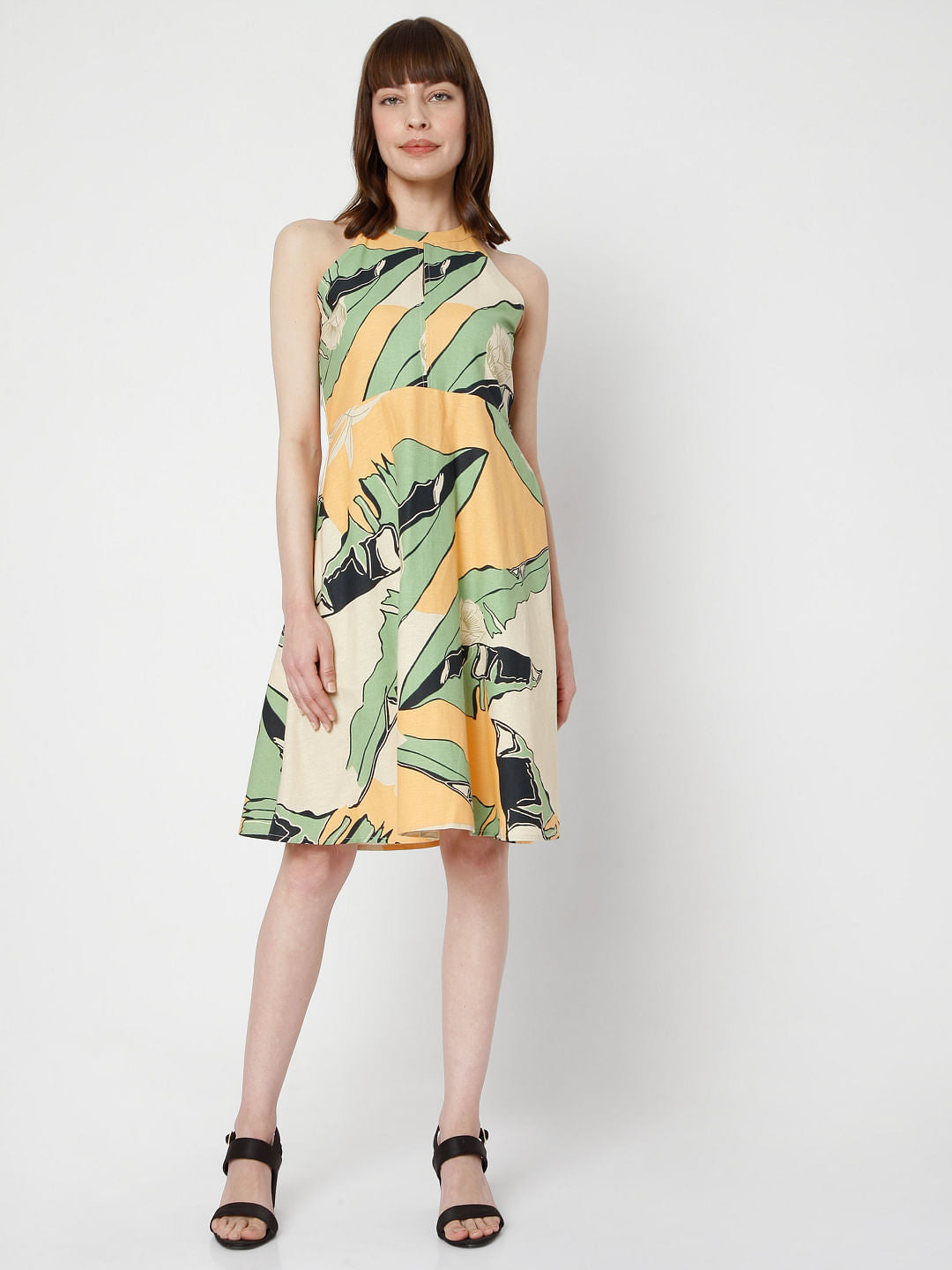 Beige Halter Neck Printed Dress