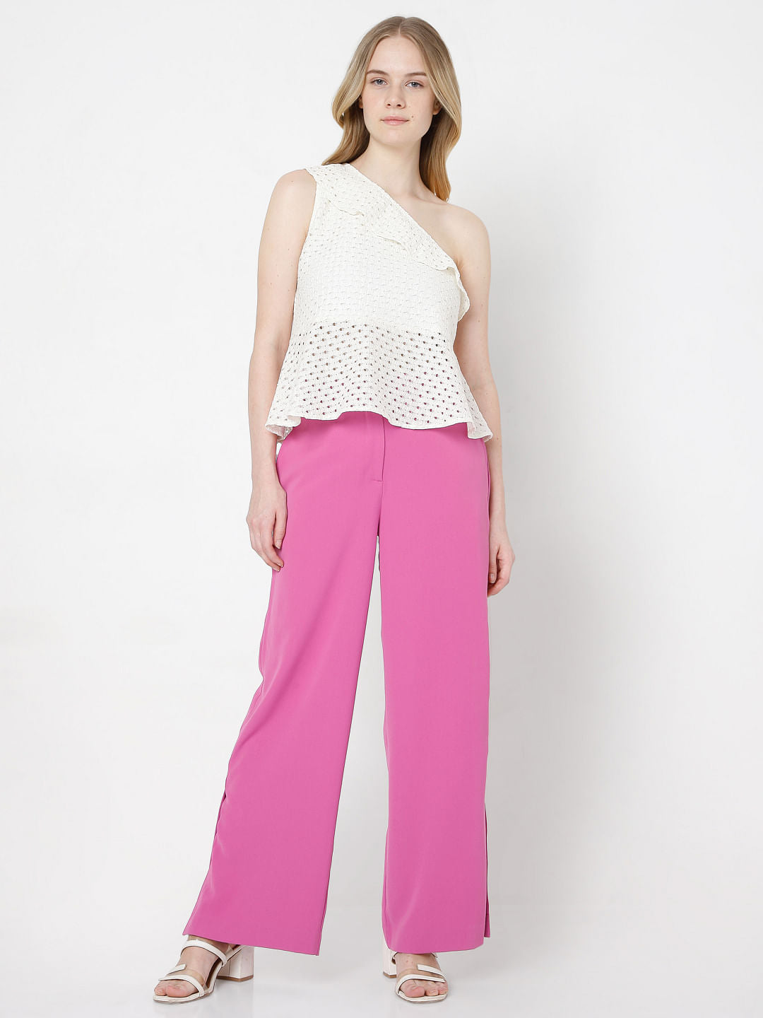 Beige Schiffli One Shoulder Top