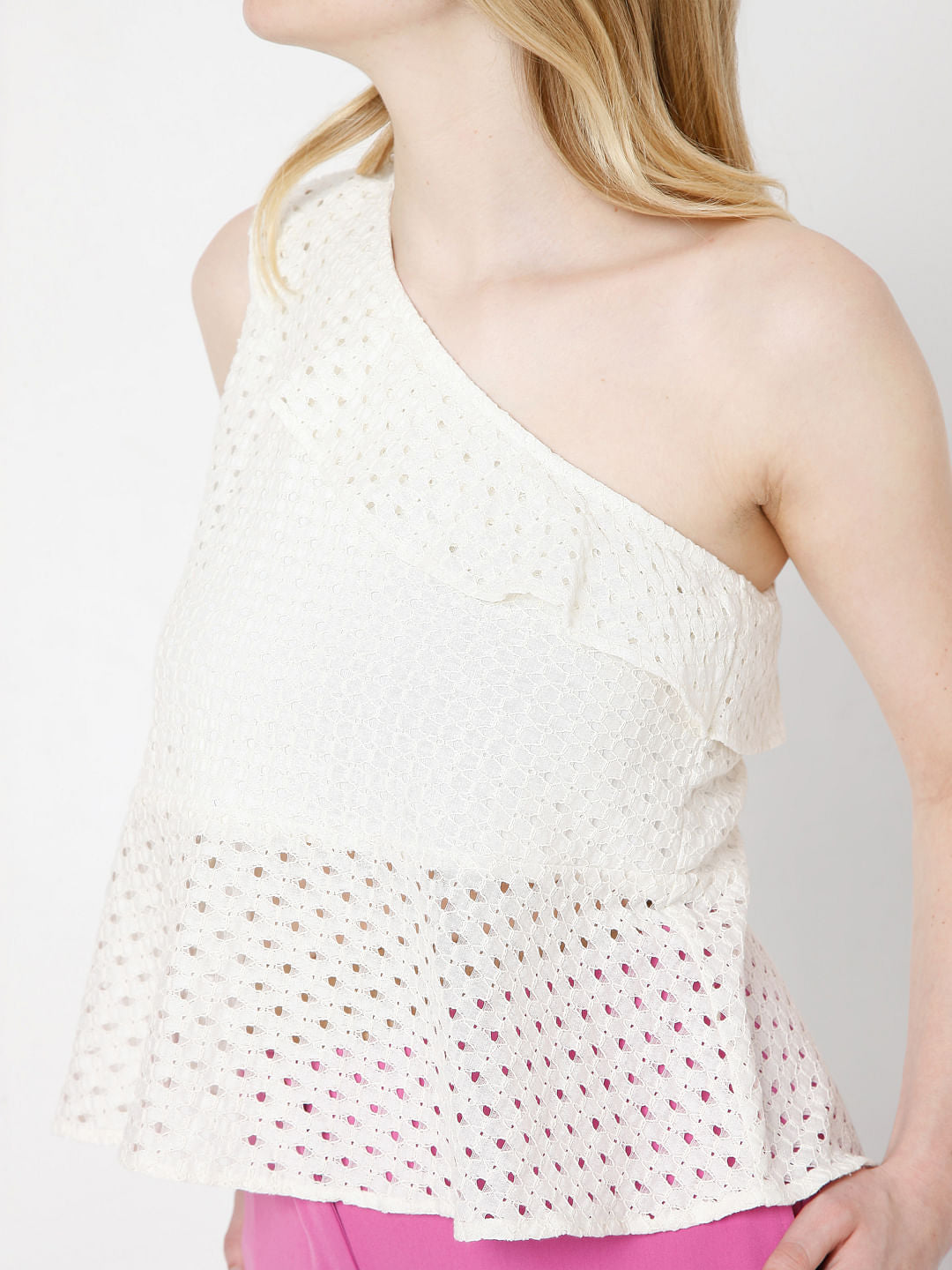 Beige Schiffli One Shoulder Top