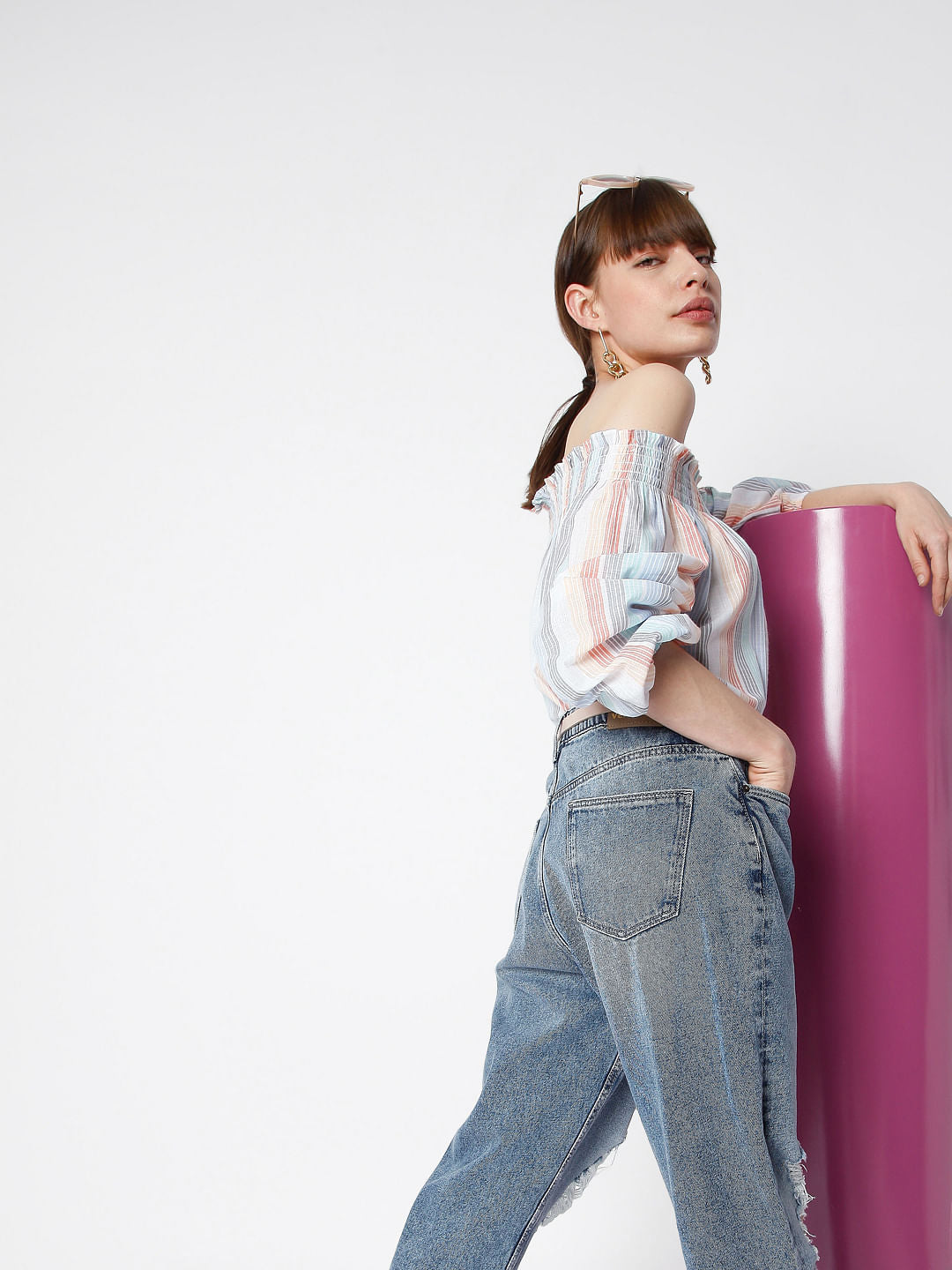 White Striped Off-Shoulder Top