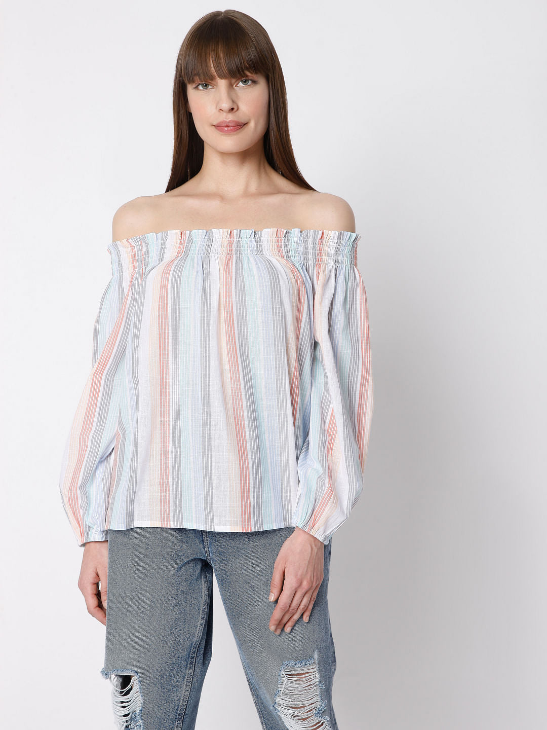 White Striped Off-Shoulder Top
