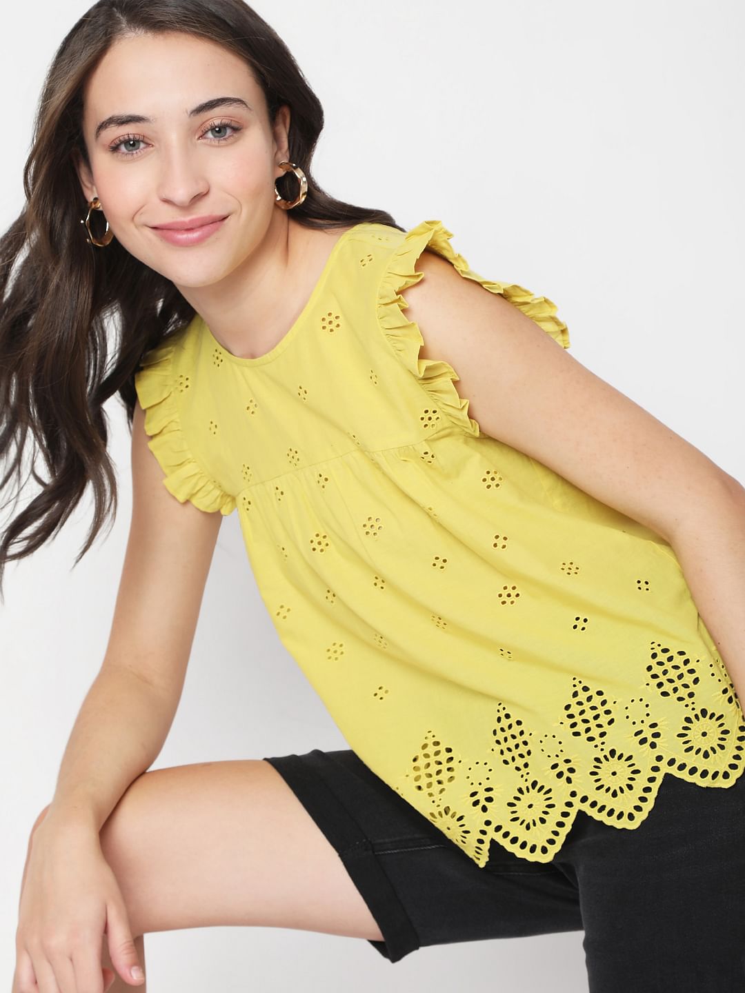 Yellow Schiffli Embroidered Top