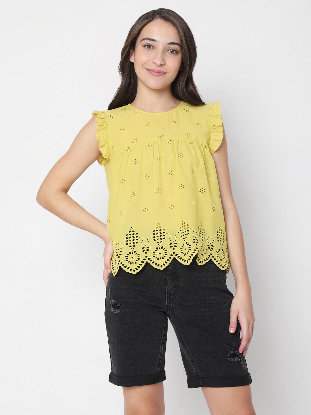 Yellow Schiffli Embroidered Top