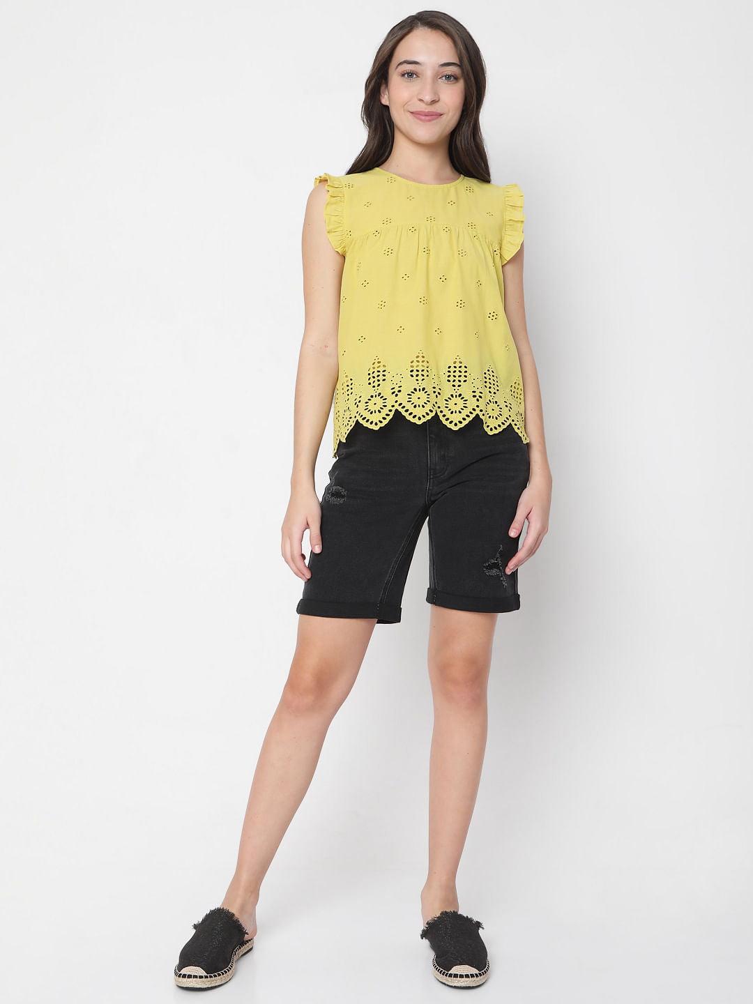 Yellow Schiffli Embroidered Top