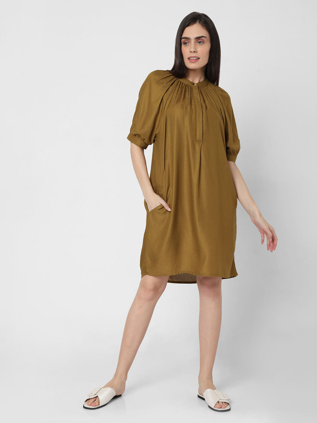 Ochre Puff Sleeves Shift Dress