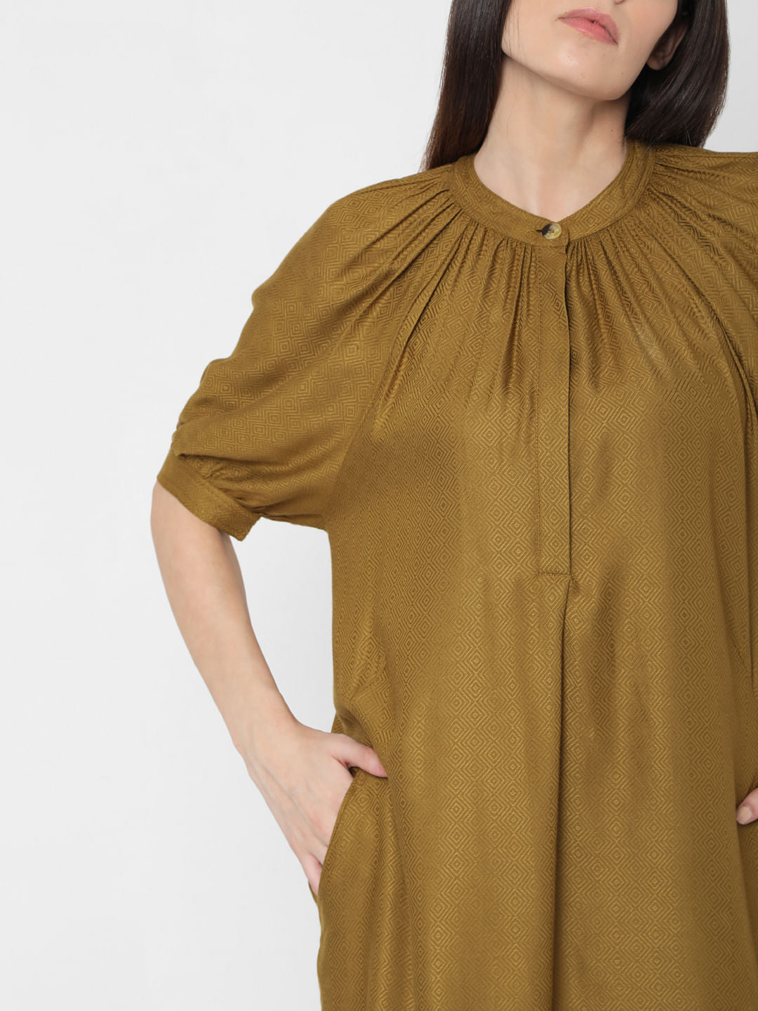 Ochre Puff Sleeves Shift Dress