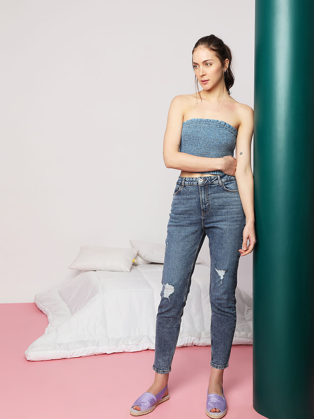 Blue High Rise Distressed Mom Fit Jeans