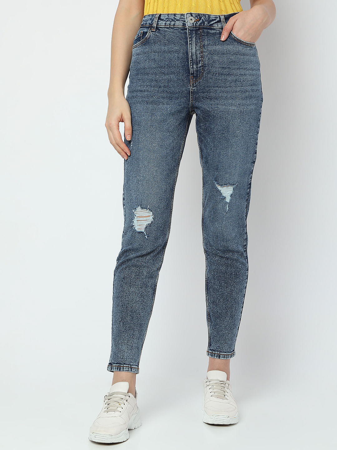 Blue High Rise Distressed Mom Fit Jeans